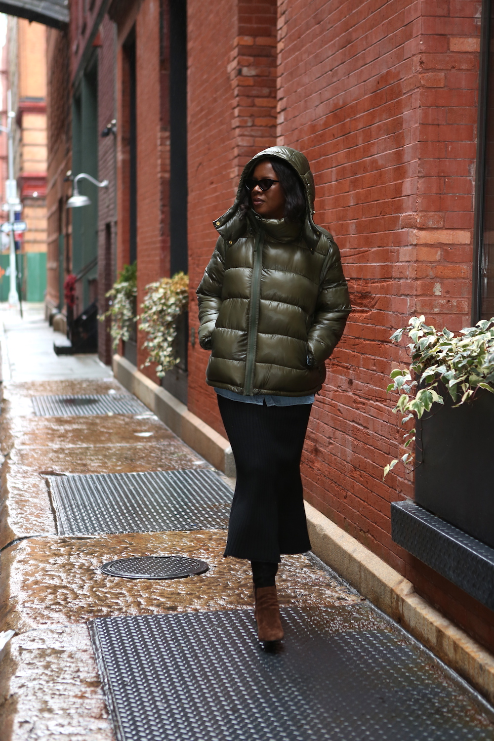 Green Puffer Coat, Wedge boots, Denim Skirts, Black Maxi Skirt, Rain Days