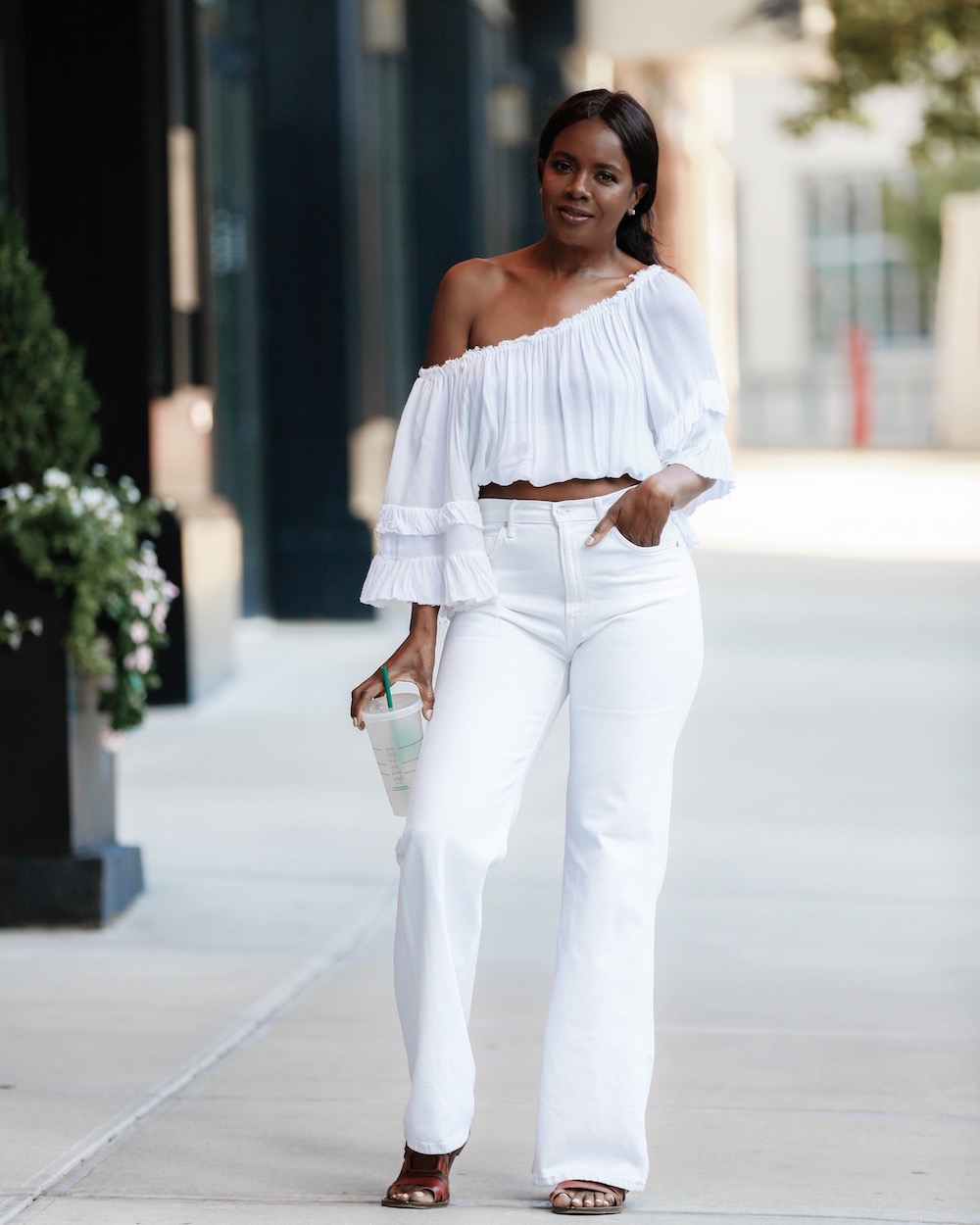White jeans, White off the shoulder top