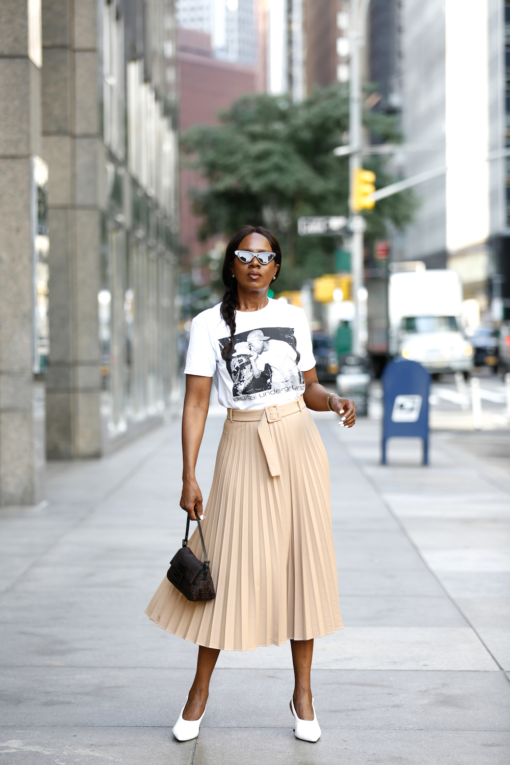 Pleated skirt, graphic Tee, Designer bags, white Sling Backs
