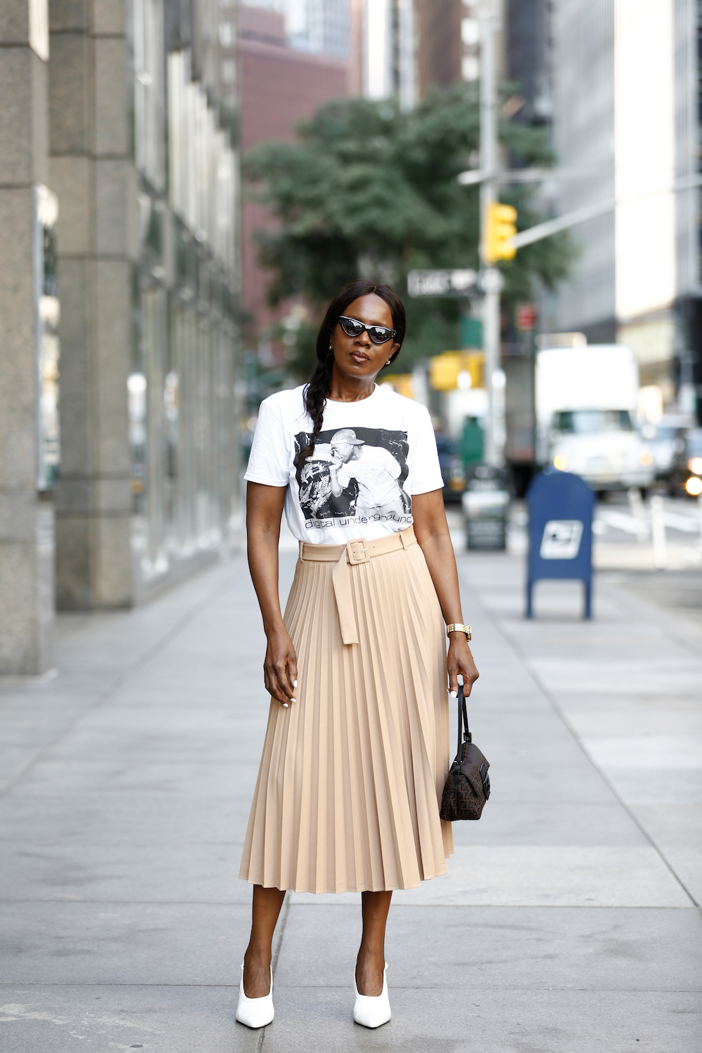 Graphic Tee, White Pumps, 