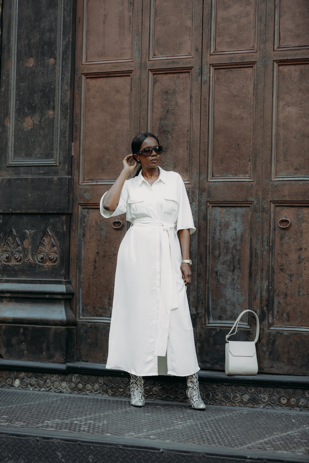 White Box Bag, White Maxi Shirt Dress, Oversized Sunglasses